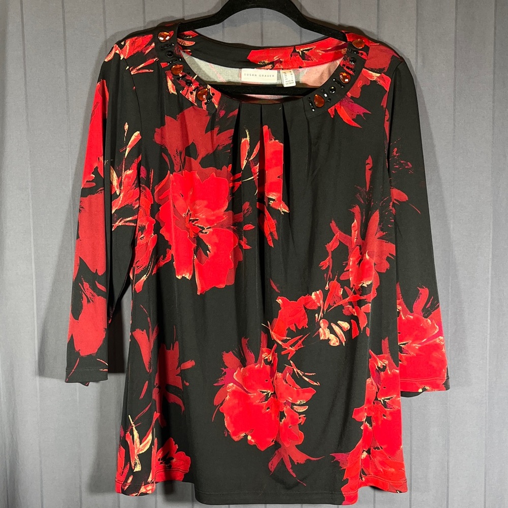 NWOT Susan Graver Black & Red Floral Blouse Rhinestone & Pleated Neckline 3/4 M